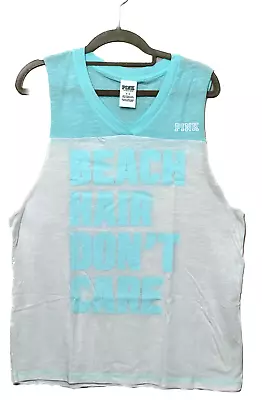 Victoria's Secret Pink Beach Hair Don't Care V Neck Muscle Tank Top Blue White S • $25.76