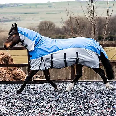 600D 2 In 1 Waterproof Fly Turnout Mesh Horse Rug Fixed Neck Blue/Grey 5'6-6'9 • £35.63