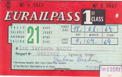 1969 Eurail Pass 1st Class Travel Europe Germany Europe Train Vintage Ticket • $12