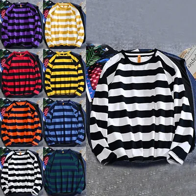 Mens Womens Oversized Striped Printed T-shirts Tops Long Sleeve Pullover Blouse • $18.56