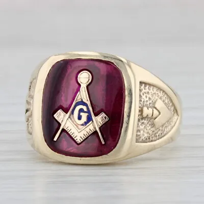 Masonic Signet Ring 10k Gold Lab Created Ruby Blue Lodge Vintage Square Compass • $549.99