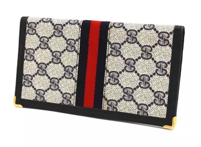 Gucci Vintage Wallet Sherry Bifold Long Card Purse GG Supreme Navy Authentic • $228.99