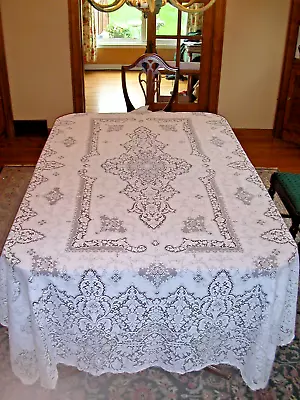 Vtg Quaker Lace Banquet Tablecloth 106 X69  Slightly Off-White Picot Loops Label • $49.99