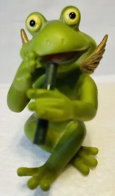 Vintage Hard Plastic Green Angel Frog Playing Flute Figurine 2 1/2  Tall • $6.50