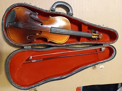 Vintage  Mini Wooden  9  Violin  & Bow  Replica Black Case Decorative • $25