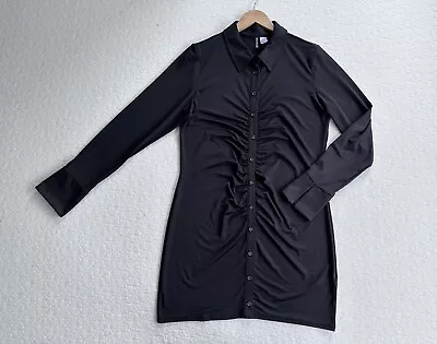 H&M Draped Shirt Dress Women's XL Black Button Down Fitted Long Sleeve Collared • $14.99