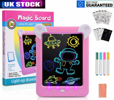 Kids Magic Drawing Board Pad 3D LED Light Up Doodle Glow + Paintbrush For Gift • £11.49