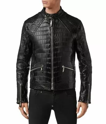 Men's Genuine Alligator Embossed Leather Jacket Motorcycle Black Biker Jacket • $119