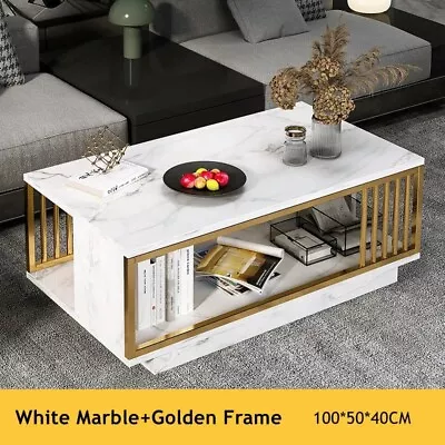 2-Tier White/Gold Luxury Modern Marble Coffee Table Coffee Table W Storage Space • $119