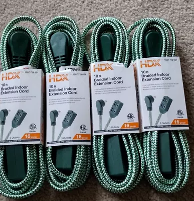 HDX 10 Ft. 16-Gauge/ 4 PACK Green Braided Extension Cord Indoor Use 3 Outlets • $18.95