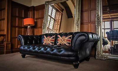 TETRAD OSKAR GRAND CHESTERFIELD BLACK ANTIQUE LEATHER 3/4 SEATER SOFA 2 Of PAIR • £1450