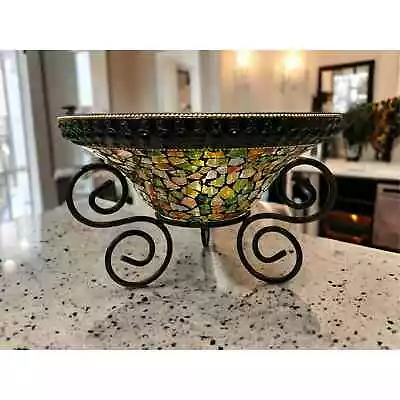 Mosaic Centrepiece Bowl Iron Scroll Stand Green Glass Multicolor Home Decor • $55