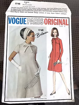 Vintage Vogue PARIS 1748 Dress PIERRE BALMAIN Sewing PATTERN Sz10 Cut EUC Label • $20