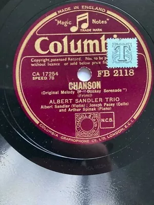 Albert Sandler Trio 10  78 - Chanson / Magyar Melody - Columbia - Fb 2118 • £9.95