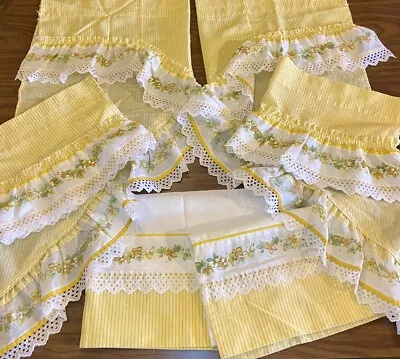 Vintage 70s Cafe Kitchen Curtains 6PC Retro Floral  White Bright Yellow Stripe • $28