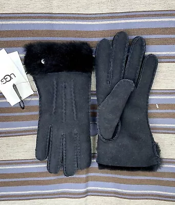 Nwt Ugg 15107 Small Exposed Sheepskin Gloves Black Suede Wrist $155 • $69.99