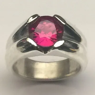 Mjg Sterling Silver Men's Ring. 10mm Faceted Lab Ruby. 4 Prong. Size 10+ • $95.83
