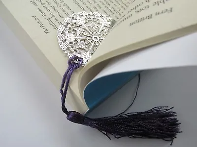 Unusual Silver Round Decorative Pendant & Purple Tassel Bookmark - Handmade Gift • £4.75