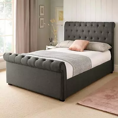 Chester Grey Fabric King Size 5ft Bed Upholstered Frame Button Detail Headboard • £262.99