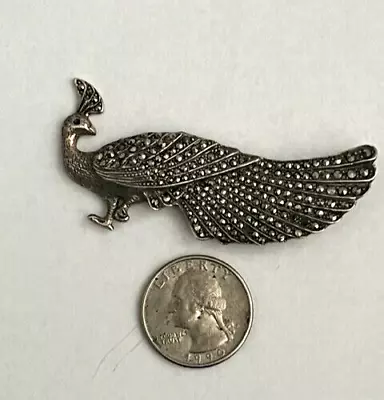 Vintage Sterling Silver Large Marcasite Peacock Brooch. • $18