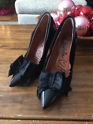 LANVIN FOR H&M HM BLACK LEATHER PUMPS Stiletto Heels SHOES Bows Sz 38 • $82