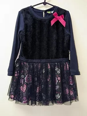 DOLLIE & ME Girls' Navy Blue Plush & Flower Print Tutu Long Sleeve Dress - Sz 6 • $8