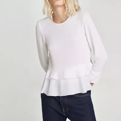 Zara Blouse Ruffle Top Small Women's White Long Sleeve Peplum Crepe Round Neck • $19.90