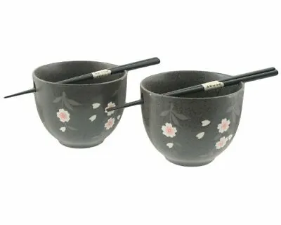 $22.99 • Buy Japanese Ceramic Ramen Udon Bowl Set Of 2 W/ Bamboo Chopsticks Gift Pack