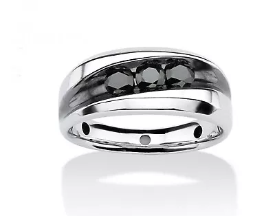 Men's Three Stone Engagement Band In 925 Silver 0.69CT Black Round Cut CZ Stone • $115