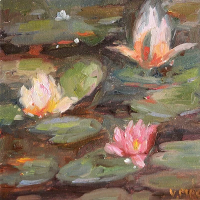 $40 • Buy Original Oil Painting Flowers Lily Water SIGNED IMPRESSIONISM LANDSCAPE ART