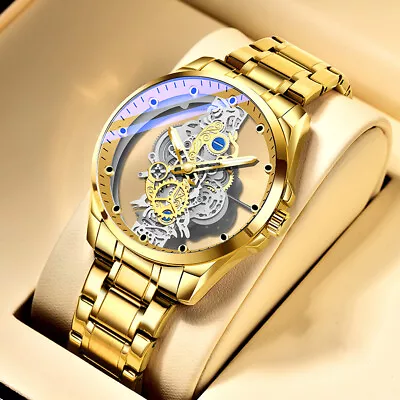 Luxury Men's Stainless Steel Quartz Hollow Skeleton Automatic Mechanical Watch • $15.63