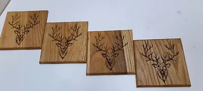Solid Oak Coasters Laser Engraved Stag Handmade Set Of 4 • £15