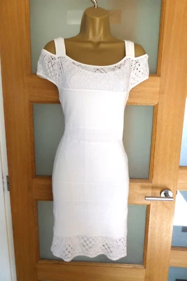 £50 • Buy Karen Millen White Crochet Trim Knit Bardot Pencil Wiggle Dress Size 10 12 (2)