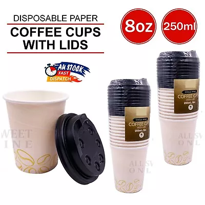 Disposable Coffee Cups Lids 8oz 250ML Takeaway Paper Single Wall Take Away Bulk • $17.95