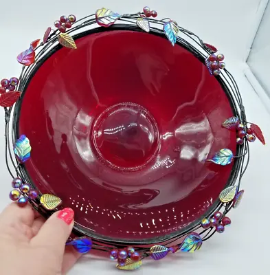 Z Gallerie Cranberry Red Glass Central Piece Bowl With Iridescent Leaves/Fruits • $48