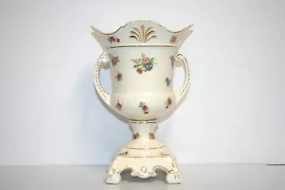 Japan Shabby Chic Cream Tone Hand Decor Floral 9-3/8  Trophy Vase Urn Gilt Vtg • $12.95