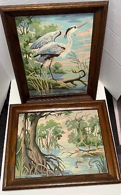 Vintage MCM Framed Paint By Numbers Heron And Flamingo Tropical • $100