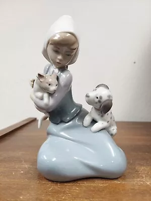 Lladro Little Friskies Porcelain Figurine 5032 Girl W Cat & Dog VGUC NO BOX • $50