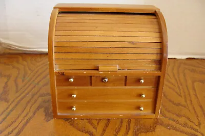 Vtg Mini Roll Top Desk Wooden Recipe Box W/  Dividers And Hand Written Recipes • $8.50