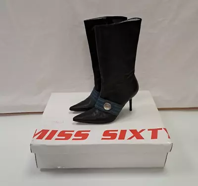 Miss Sixty Y2K Black Leather Pointed Heeled Boots Size EU 37 UK 4 • £4.99