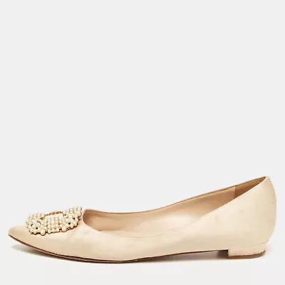 Manolo Blahnik Gold Satin Hangisi Ballet Flats Size 38.5 • $413.70