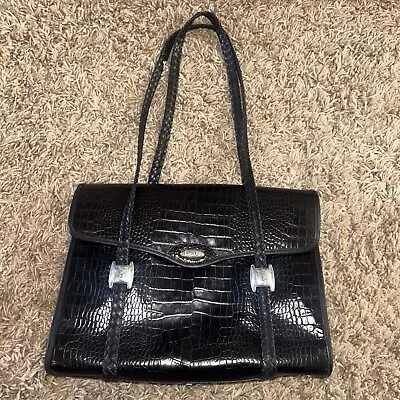 Vintage Brighton Black Patent Leather Handbag Purse Croc Embossed Briefcase LOOK • $20