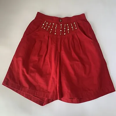 Vintage Rod High Waisted Shorts Womens Large Red 80s Mom Gold Jewel Pleated VTG • $18.88
