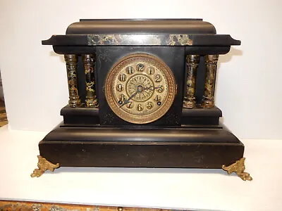 Antique Faux Marble And Faux Slate Black Mantle Clock • $89.99