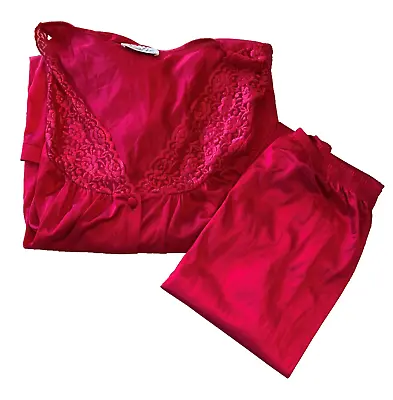 Vtg Vanity Fair Hot Pink 2Pc Pajama Set Long Sleeve Top Lace Long Pant -Sz XL • $23.25