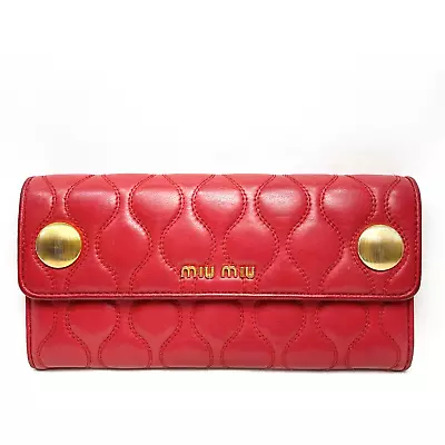 CUTE!!  MIU MIU  Long Wallet Purse Quilting Nappa Leather Red Gold Logo Auth • £115.72