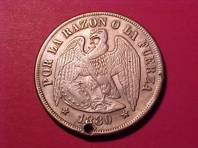 CHILE 1 PESO SILVER CROWN 1880-So NICE DETAIL (HOLED) • $24.99