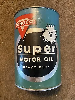 VINTAGE NOS CONOCO SUPER V SAE 20w MOTOR OIL CAN  FULL SUPER CLEAN CARDBOARD Can • $22