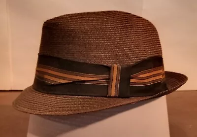 Vintage Stetson Straw Fedora Hat  7 1/8 Brown With Mod Ribbon • $19.99