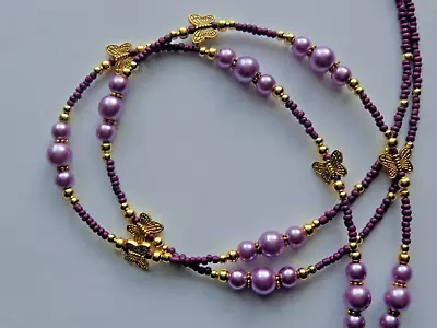 Gold Butterflies Purple Glass Pearl Beadsbeaded Lanyard Id Badge Holder Necklace • $6.99